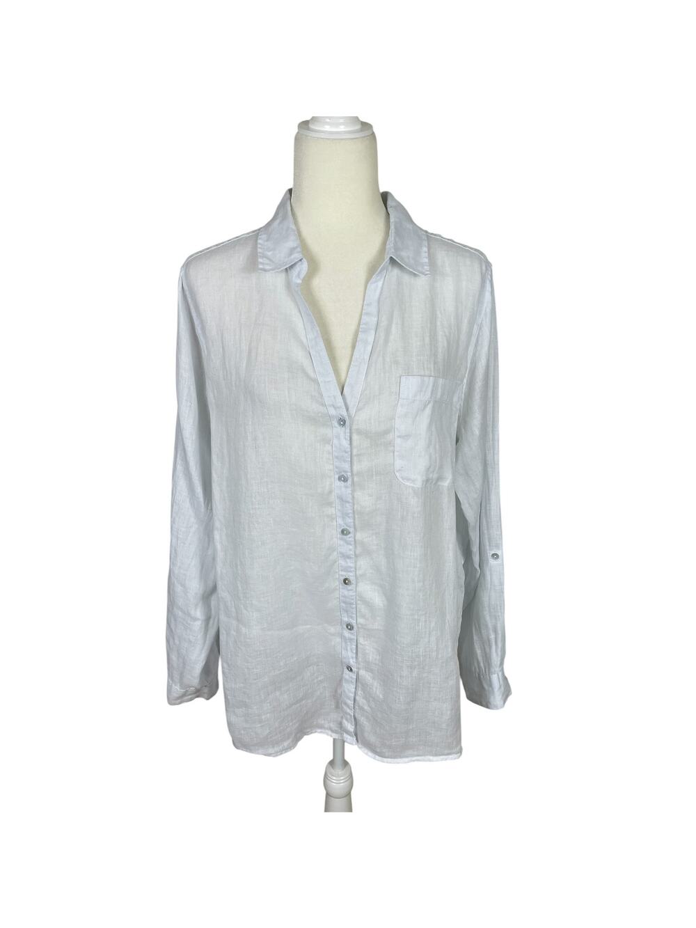 Sigrid Olsen Linen Button Front Top Roll Tab Sleeves Blue XL Minimalist Coastal